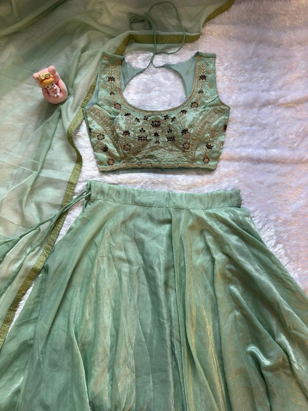 Mint Embroidered Lehenga Set with Net Dupatta for Women