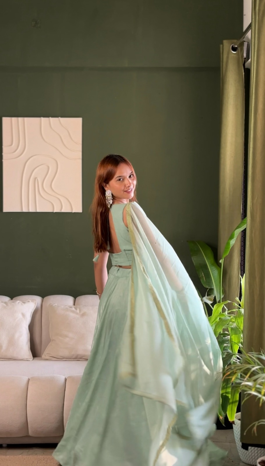 Mint Embroidered Lehenga Set with Net Dupatta for Women