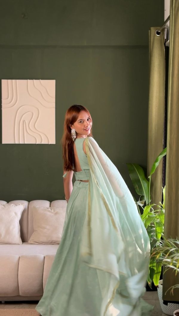 Mint Embroidered Lehenga Set with Net Dupatta for Women