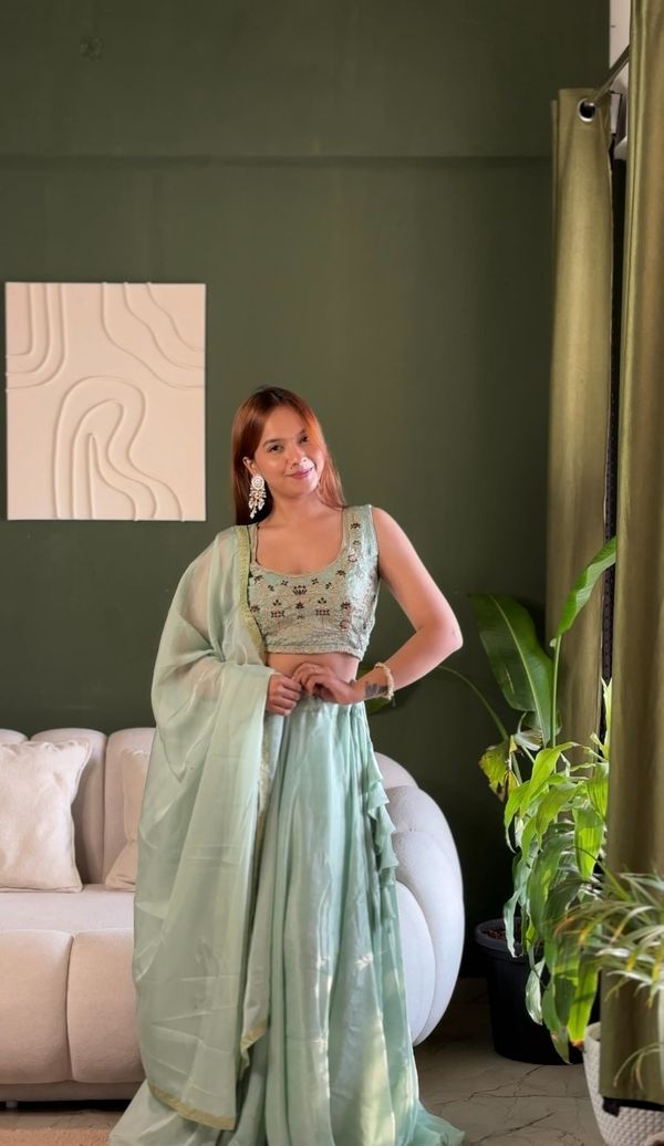 Mint Embroidered Lehenga Set with Net Dupatta for Women