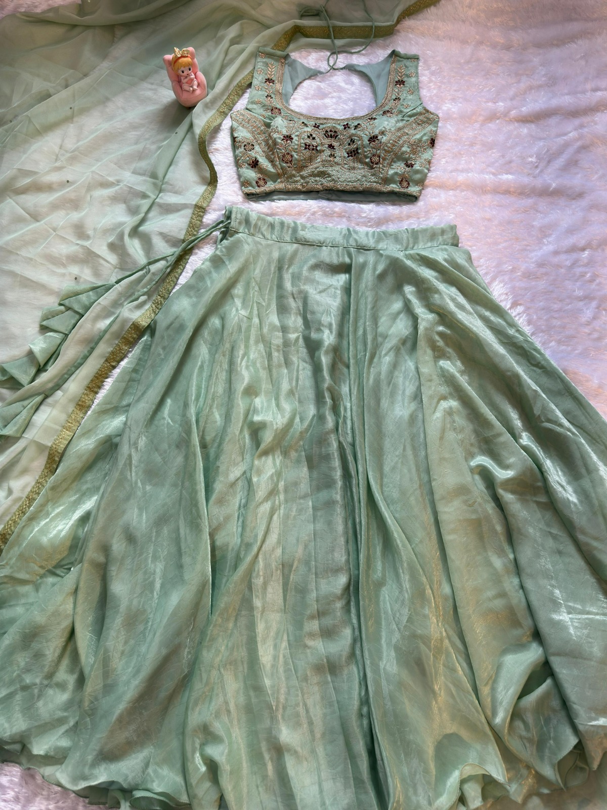 Mint Embroidered Lehenga Set with Net Dupatta for Women