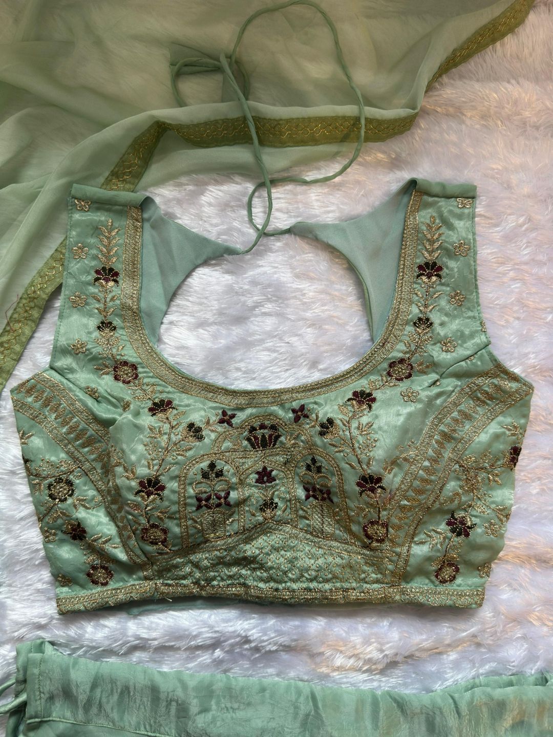 Mint Embroidered Lehenga Set with Net Dupatta for Women