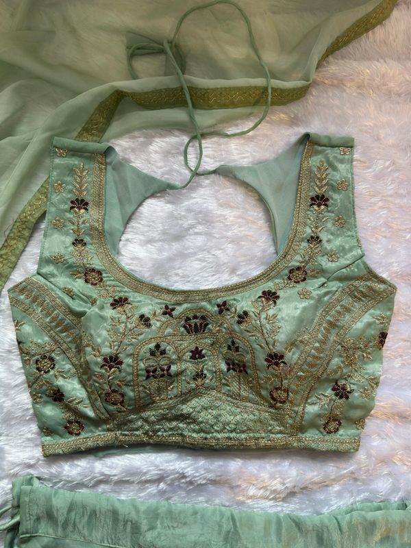 Mint Embroidered Lehenga Set with Net Dupatta for Women