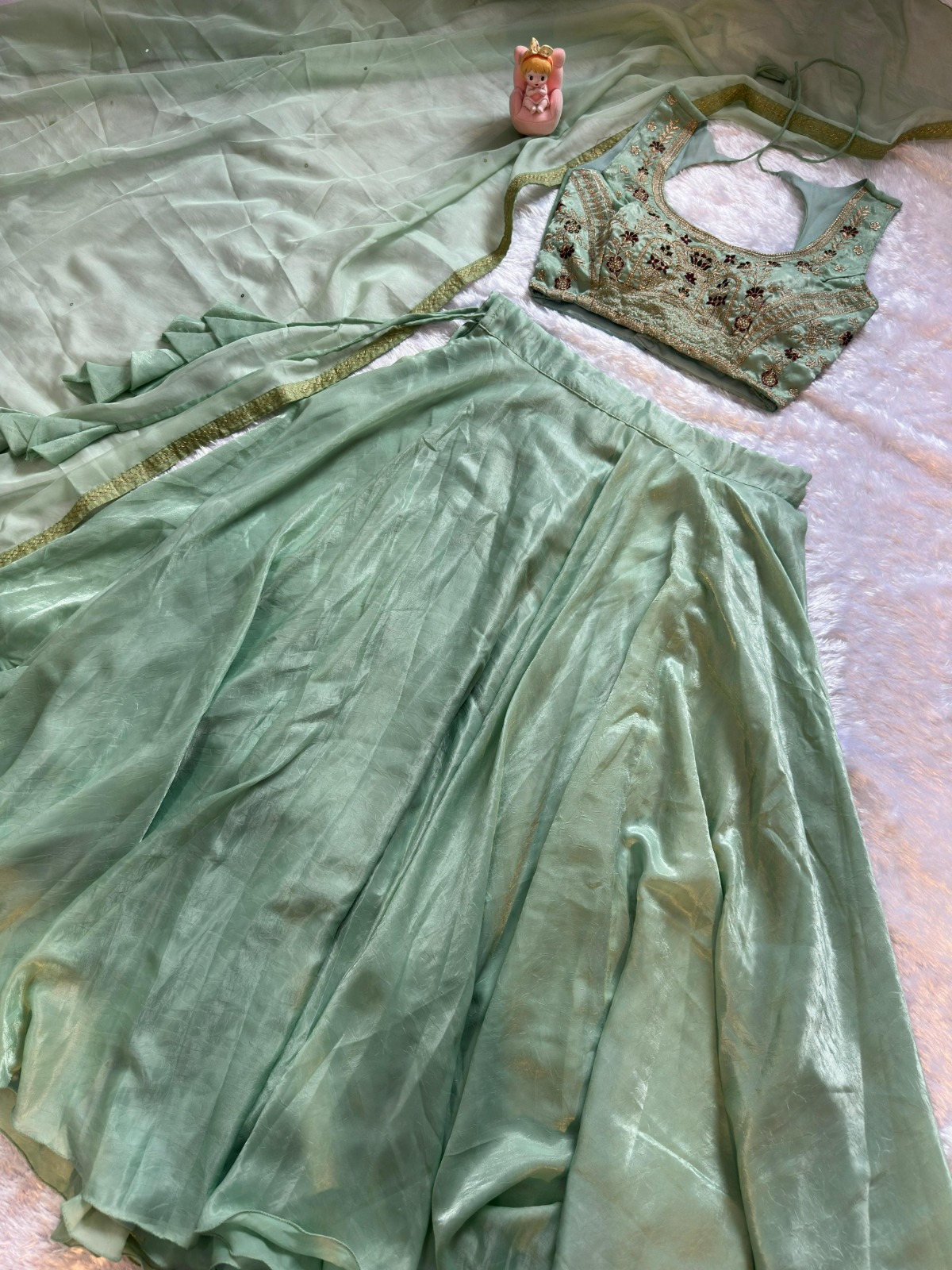 Mint Embroidered Lehenga Set with Net Dupatta for Women