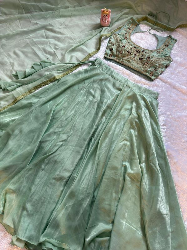 Mint Embroidered Lehenga Set with Net Dupatta for Women