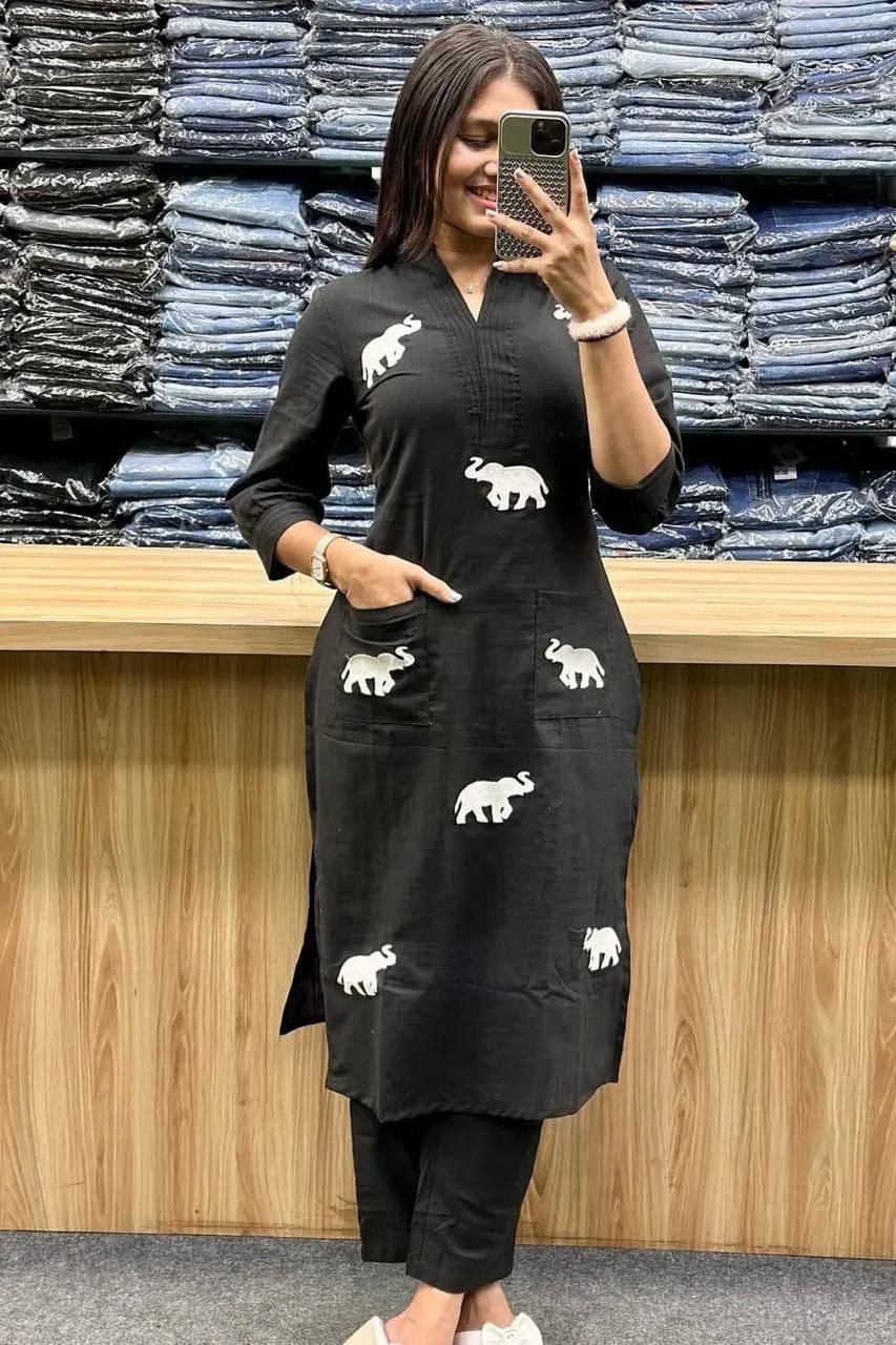 Elegant Black Elephant Print Rayon Kurti Pant Set