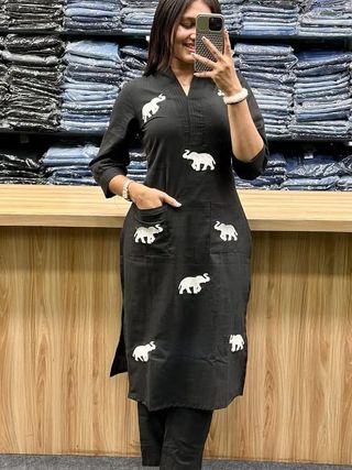 Elegant Black Elephant Print Rayon Kurti Pant Set