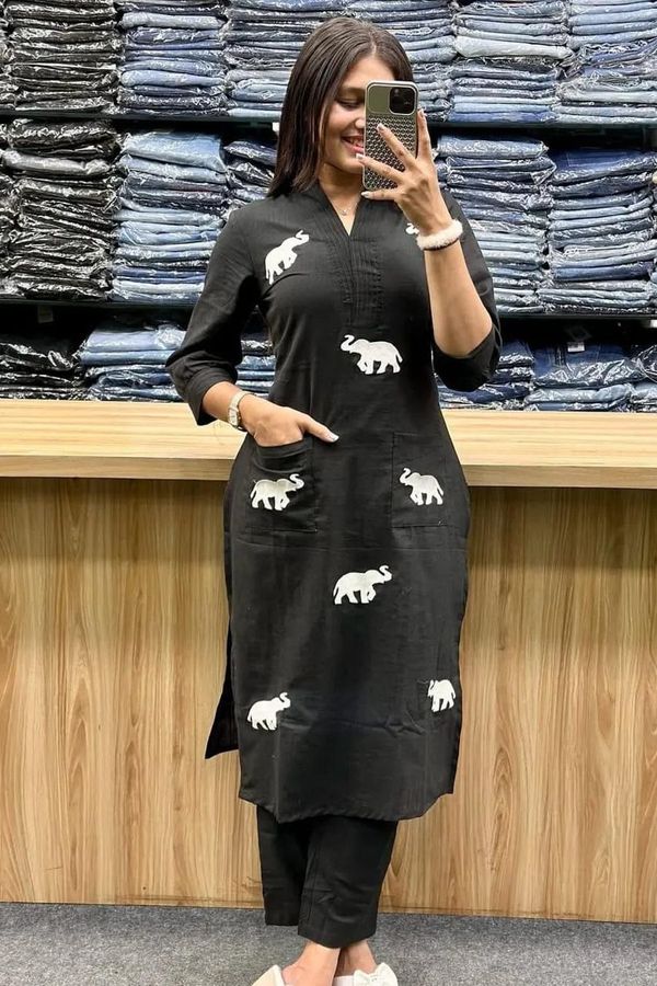 Elegant Black Elephant Print Rayon Kurti Pant Set