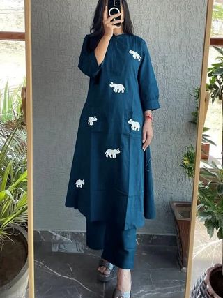 Stylish Teal Elephant Embroidery Rayon Kurti Pant Set