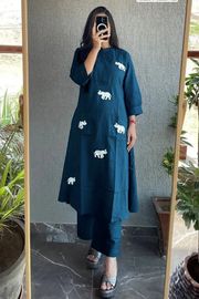 Stylish Teal Elephant Embroidery Rayon Kurti Pant Set - Blue