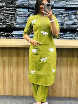 Lime Green Elephant Embroidery Rayon Kurti Pant Set