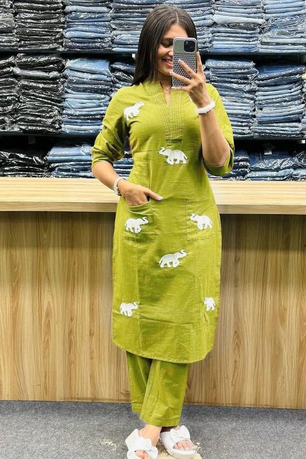 Lime Green Elephant Embroidery Rayon Kurti Pant Set