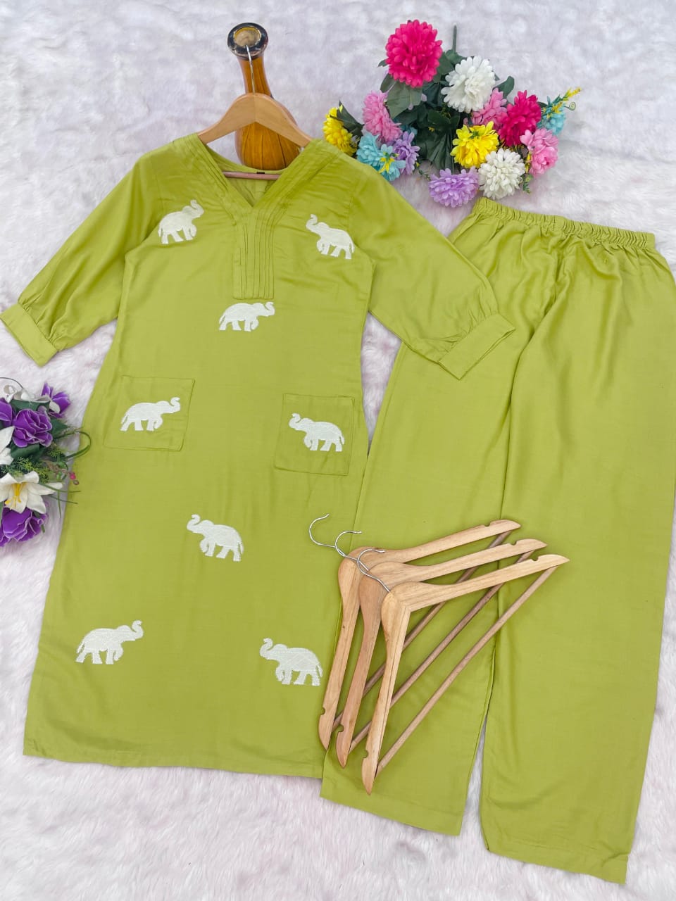 Lime Green Elephant Embroidery Rayon Kurti Pant Set