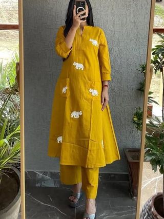 Mustard Rayon Elephant Print Kurti Pant Set for Women