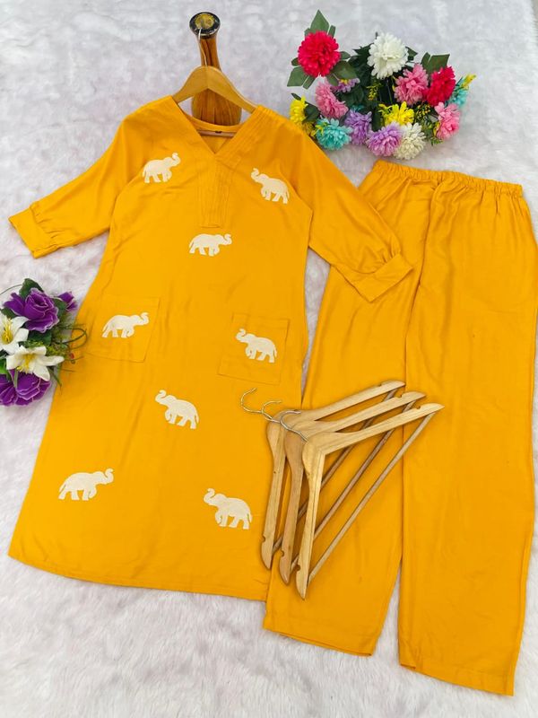 Mustard Rayon Elephant Print Kurti Pant Set For Women