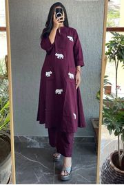 Premium Rayon Elephant Design Kurti Set Women - wine