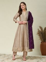 Beige Embroidered Silk Anarkali Set with Dupatta - Beige