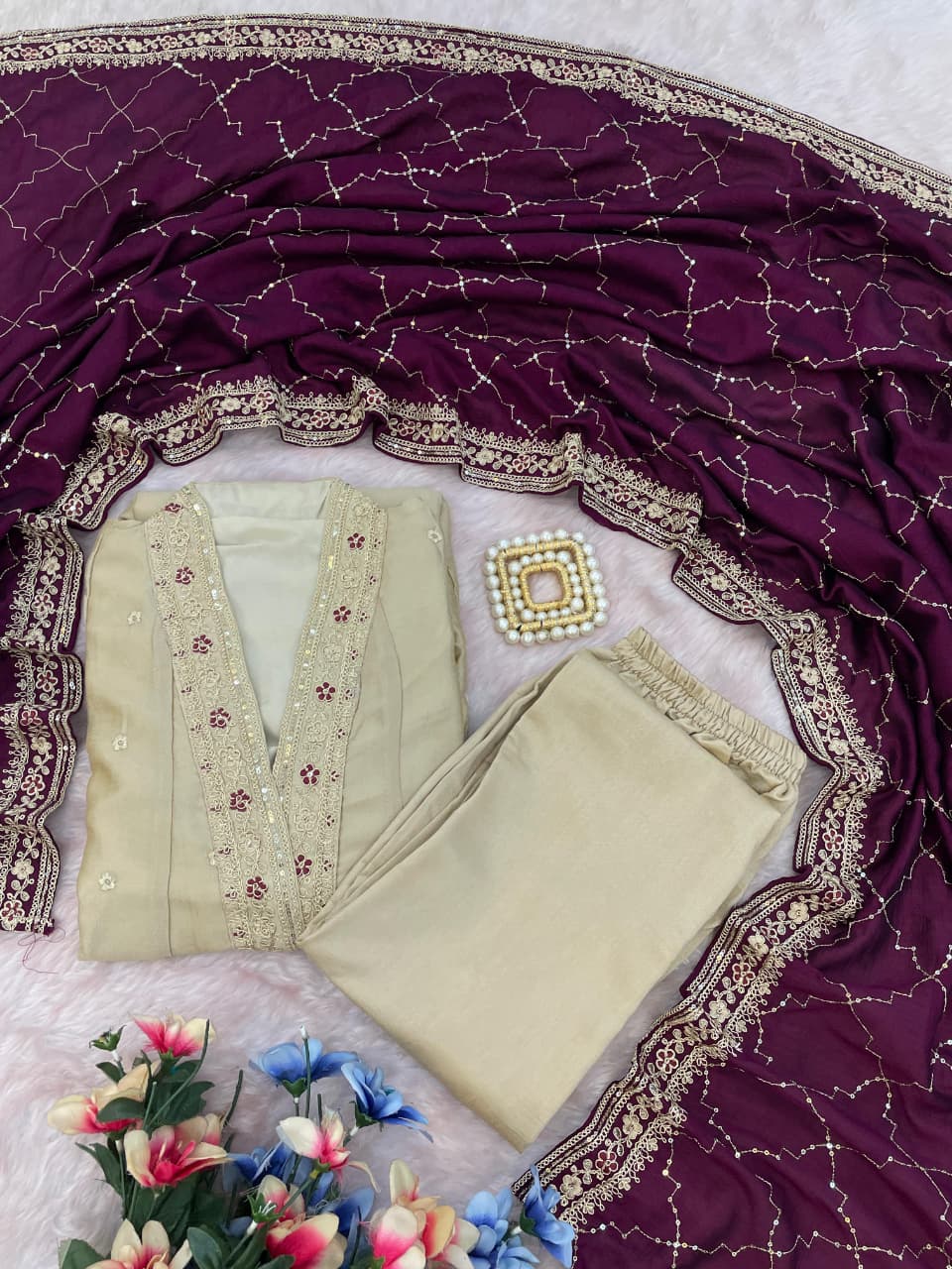 Beige Embroidered Silk Anarkali Set with Dupatta