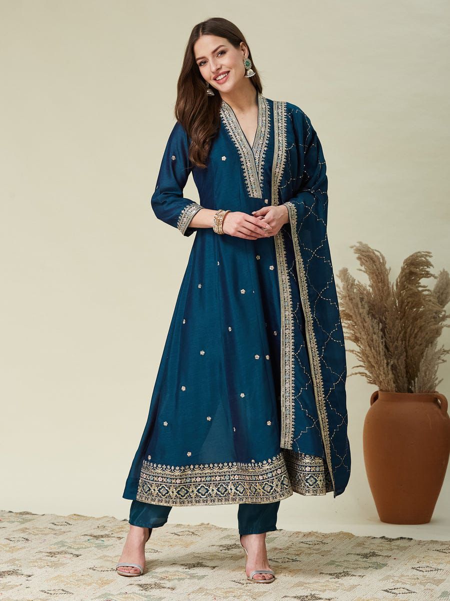 Designer Teal Blue Embroidered Anarkali Suit Set for Women