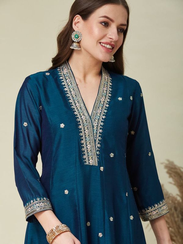 Designer Teal Blue Embroidered Anarkali Suit Set for Women