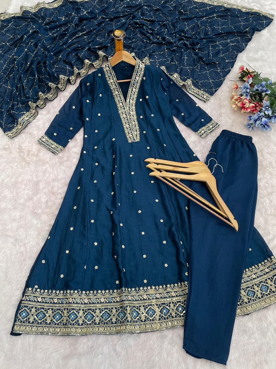 Designer Teal Blue Embroidered Anarkali Suit Set for Women