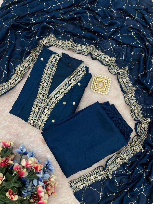 Designer Teal Blue Embroidered Anarkali Suit Set for Women
