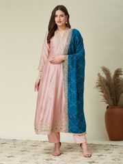 Peach Embroidered Silk Anarkali Set with Teal Dupatta - Peach