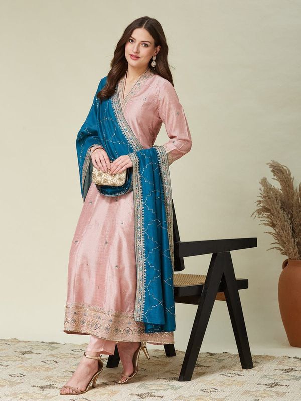 Peach Embroidered Silk Anarkali Set with Teal Dupatta