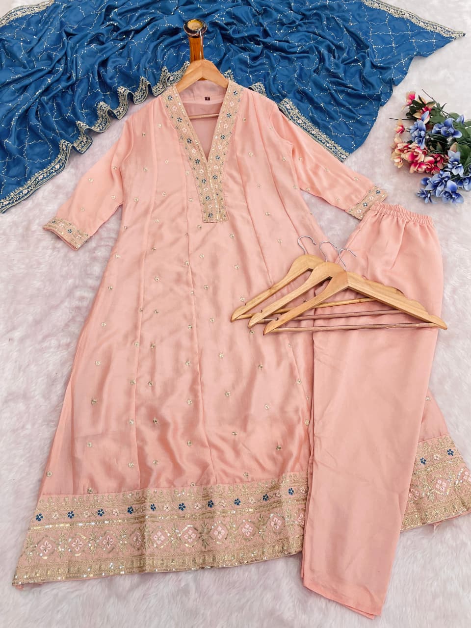 Peach Embroidered Silk Anarkali Set with Teal Dupatta