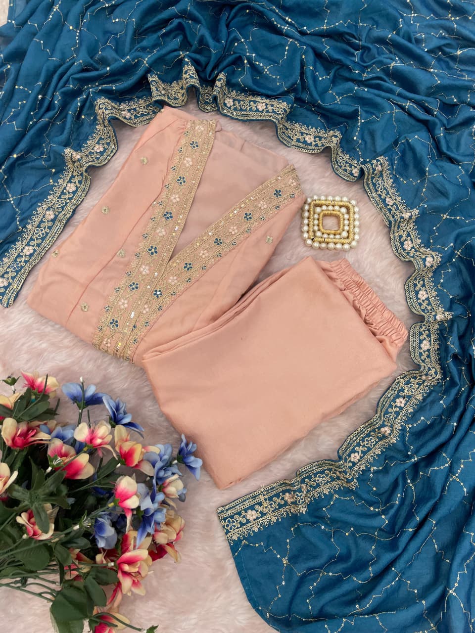Peach Embroidered Silk Anarkali Set with Teal Dupatta