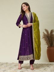 Premium Silk Purple Anarkali Kurti Set for Women - Purple