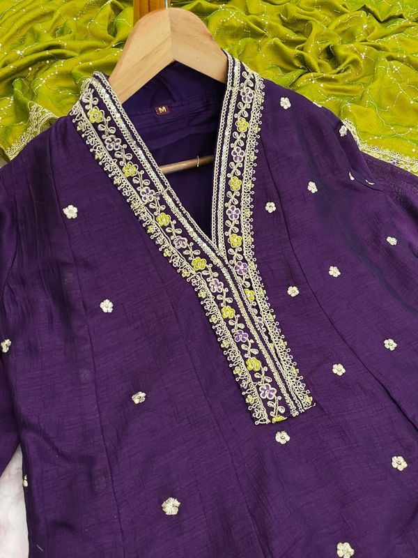 Premium Silk Purple Anarkali Kurti Set for Women
