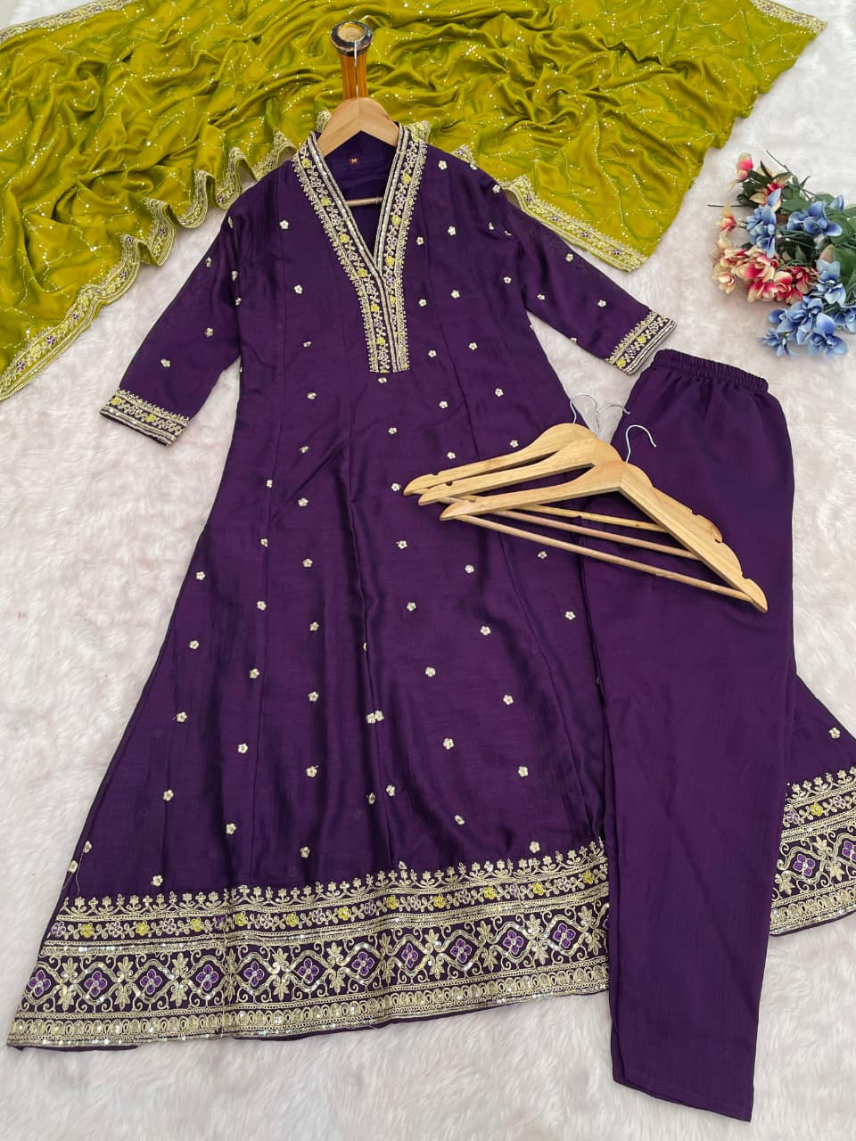 Premium Silk Purple Anarkali Kurti Set for Women