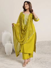 Olive Designer Kurti Set with Amrai Silk Dupatta - Olive