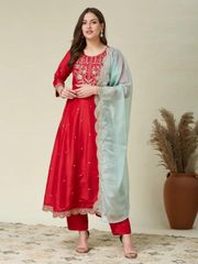 Red Silk Anarkali Kurti Set with Embroidered Dupatta - Red