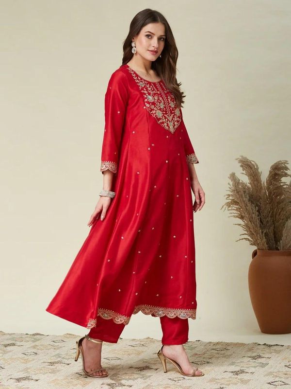 Red Silk Anarkali Kurti Set with Embroidered Dupatta