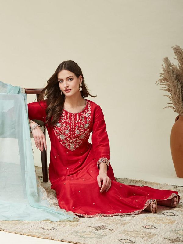 Red Silk Anarkali Kurti Set with Embroidered Dupatta