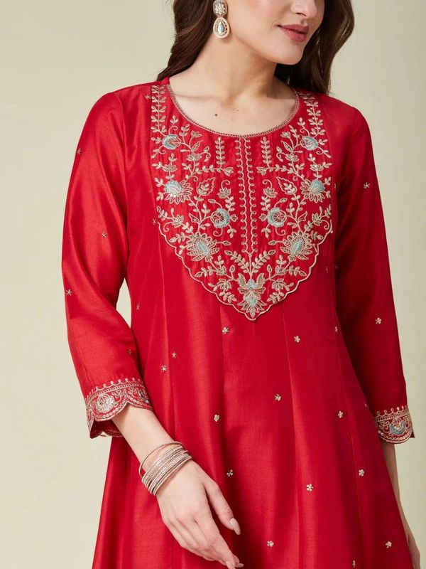 Red Silk Anarkali Kurti Set with Embroidered Dupatta