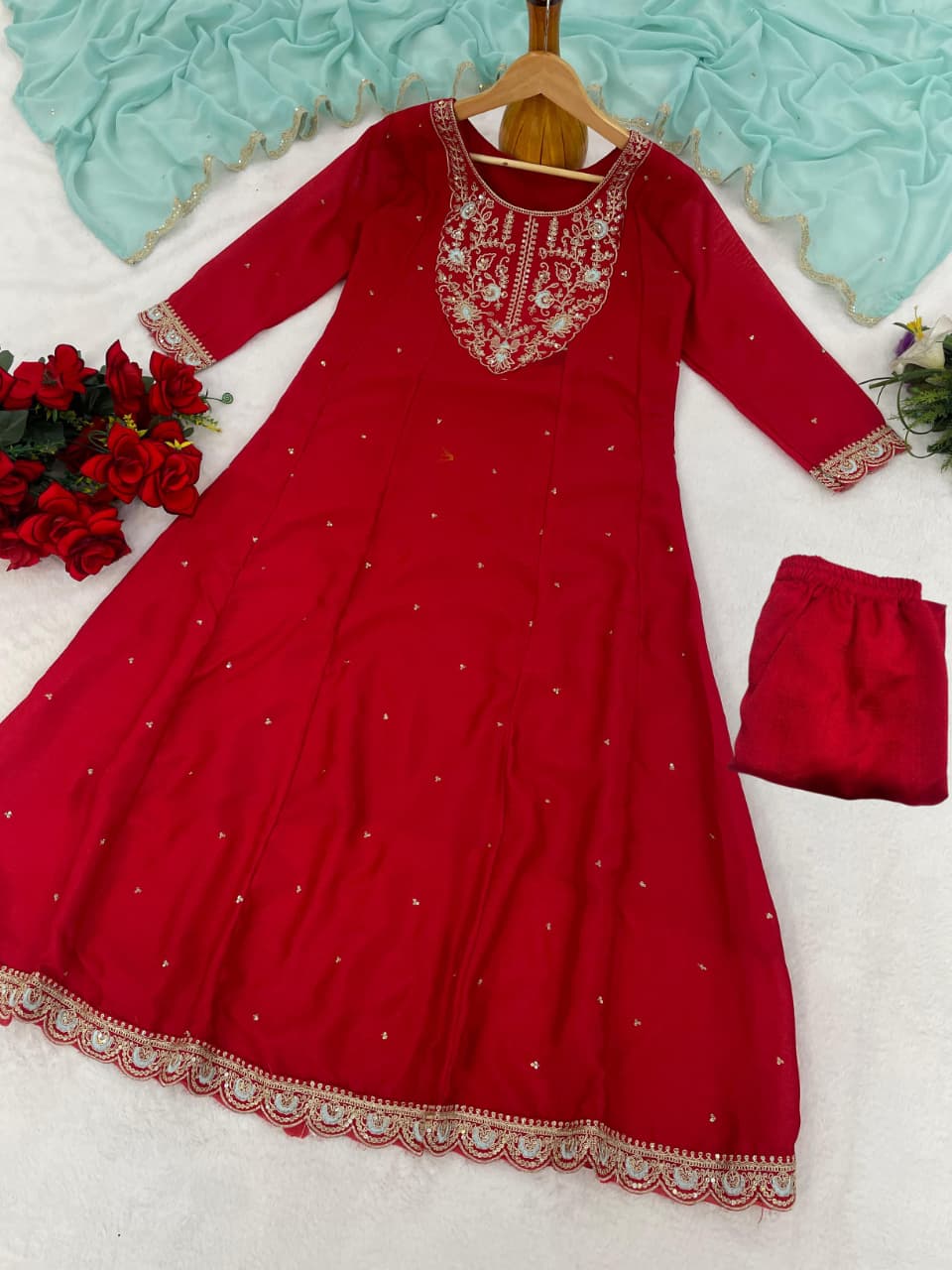 Red Silk Anarkali Kurti Set with Embroidered Dupatta