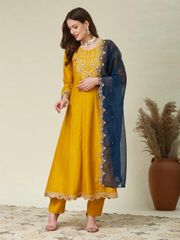 Elegant Mustard Silk Anarkali Set with Designer Dupatta - Mustard