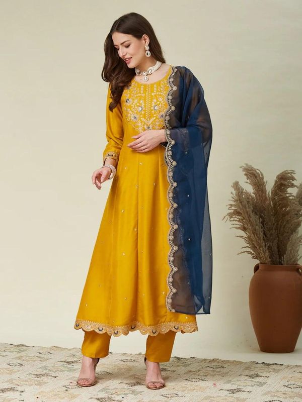 Elegant Mustard Silk Anarkali Set with Designer Dupatta