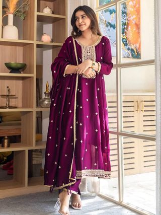 Wine Embroidered Silk Anarkali Kurti Pant Dupatta Set