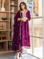 Wine Embroidered Silk Anarkali Kurti Pant Dupatta Set - wine