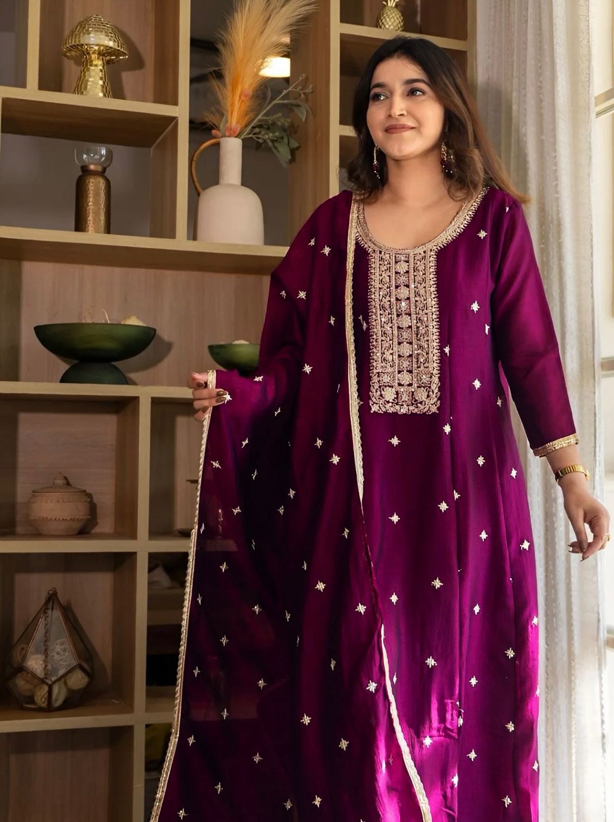 Wine Embroidered Silk Anarkali Kurti Pant Dupatta Set