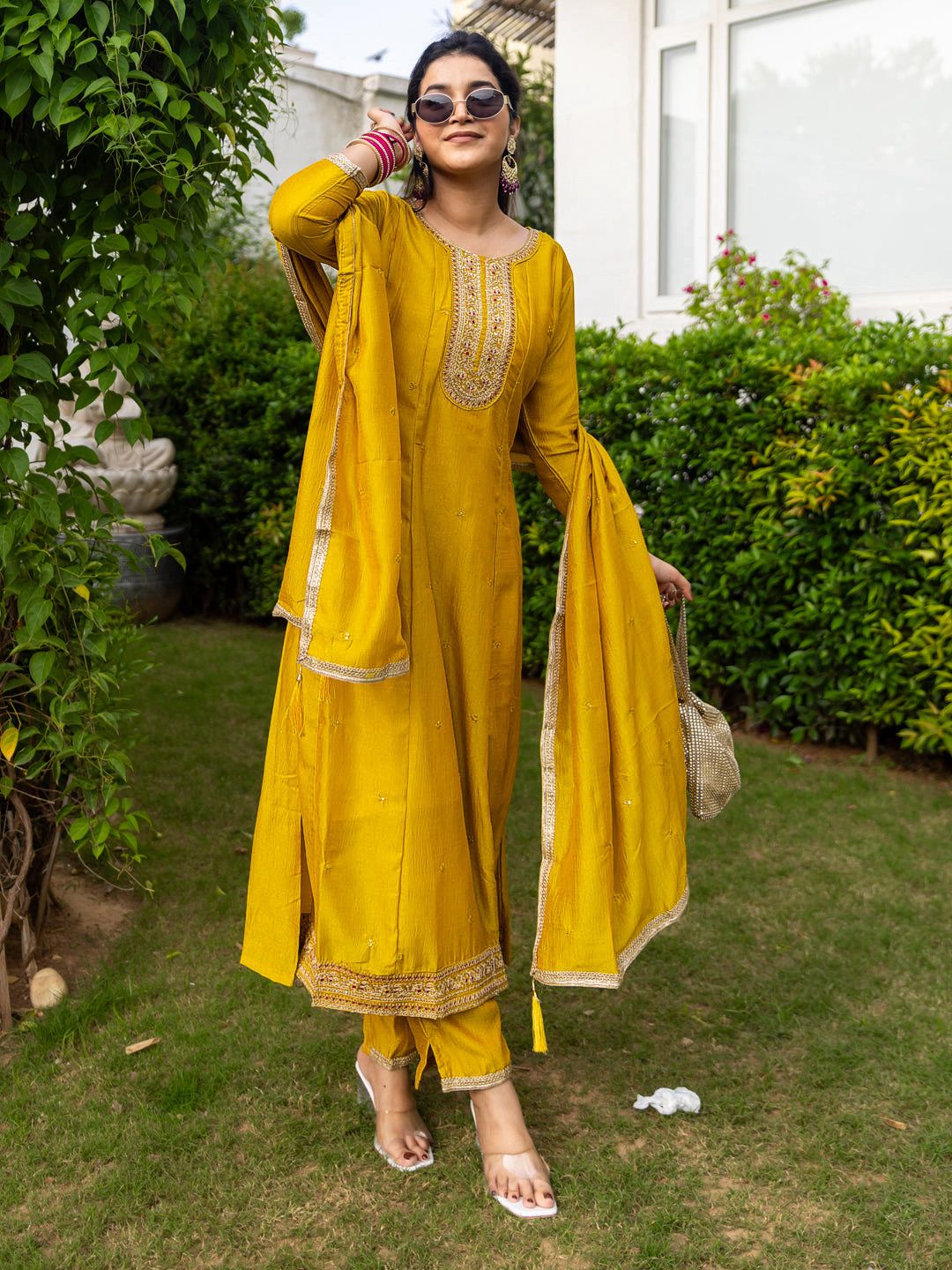 Mustard Silk Embroidered Anarkali Kurti Pant Set Sale