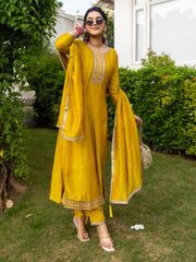 Mustard Silk Embroidered Anarkali Kurti Pant Set Sale - Mustard