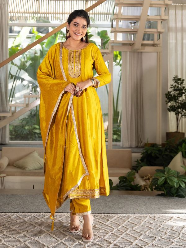 Mustard Silk Embroidered Anarkali Kurti Pant Set Sale