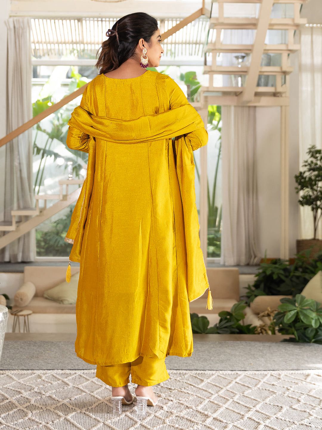 Mustard Silk Embroidered Anarkali Kurti Pant Set Sale