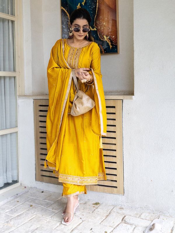 Mustard Silk Embroidered Anarkali Kurti Pant Set Sale