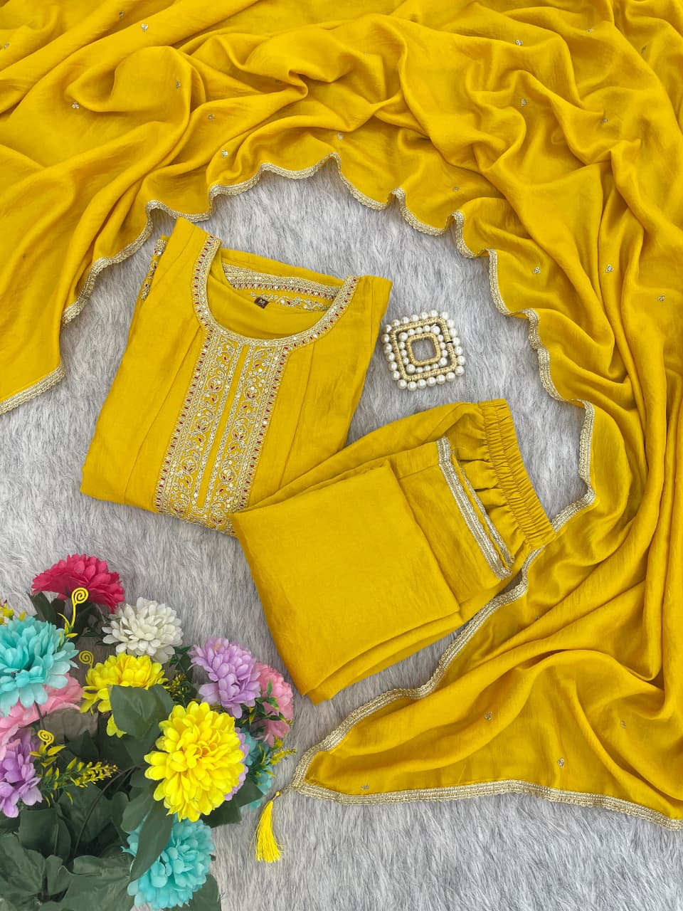 Mustard Silk Embroidered Anarkali Kurti Pant Set Sale